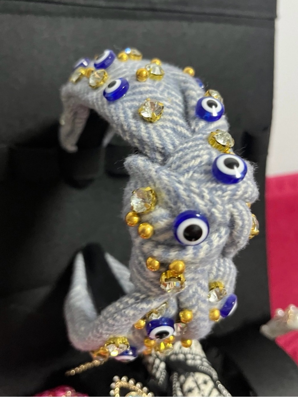 Light Blue Braided Headband with Blue Eye Bead Embellishments